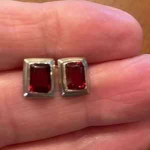 Garnet Emerald Cut Stud Earrings, 925 Solid Sterling Silver, Vintage